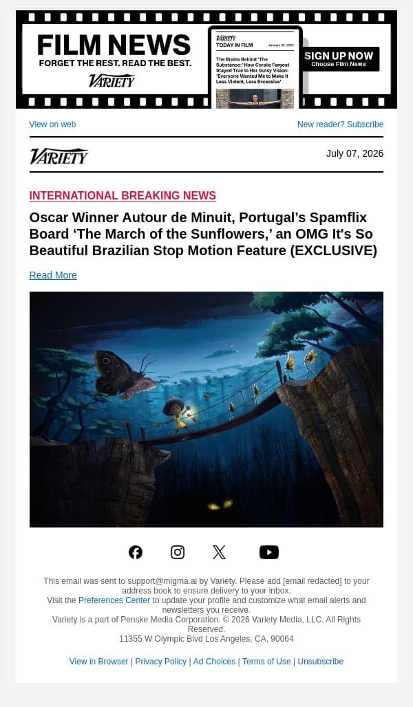 Oscar Winner Autour de Minuit, Portugal’s Spamflix Board ‘The March of the Sunflowers,’ an OMG It's So Beautiful Brazilian Stop Motion Feature (EXCLUSIVE) email from Variety screenshot