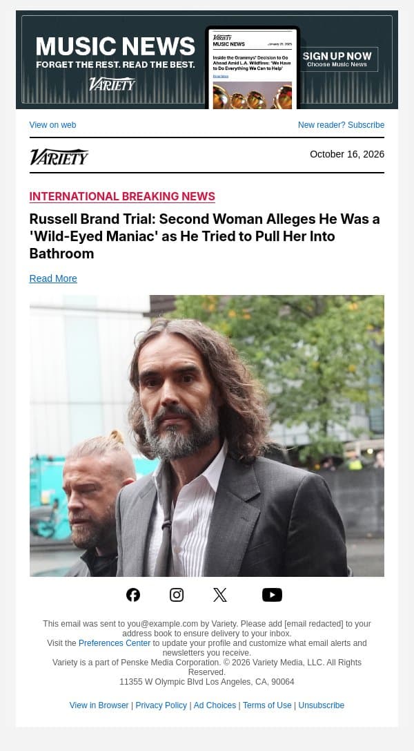 Russell Brand Trial: Second Woman Alleges He Was a 'Wild-Eyed Maniac' as He Tried to Pull Her Into Bathroom email from Variety screenshot
