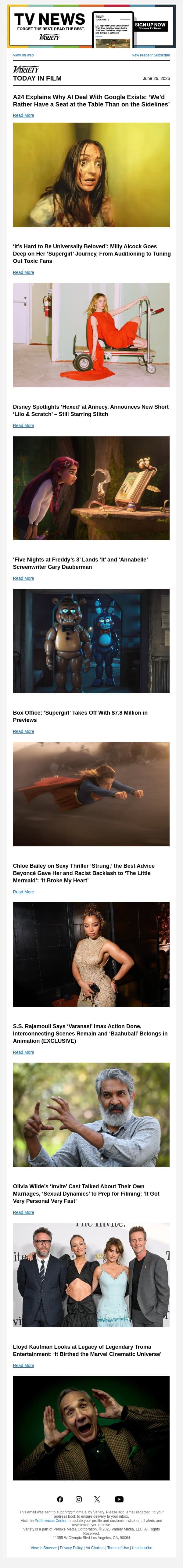 A24 Explains Google Deal; Milly Alcock Goes Deep on 'Supergirl'; Disney Spotlights 'Hexed' email from Variety screenshot