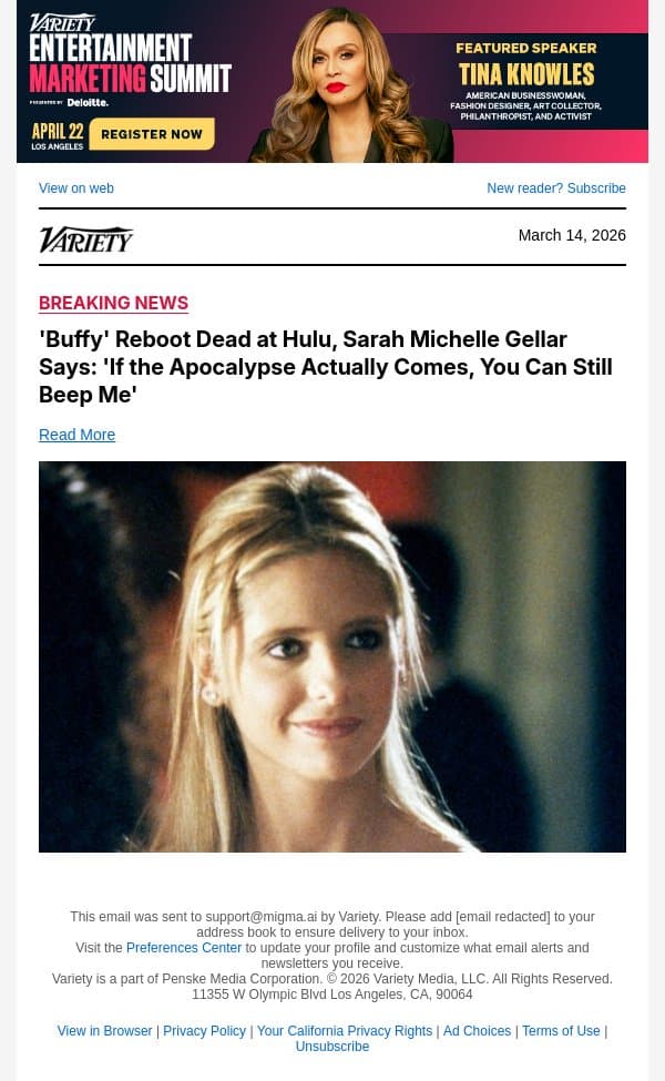'Buffy' Reboot Dead at Hulu, Sarah Michelle Gellar Says: 'If the Apocalypse Actually Comes, You Can Still Beep Me' email from Variety screenshot