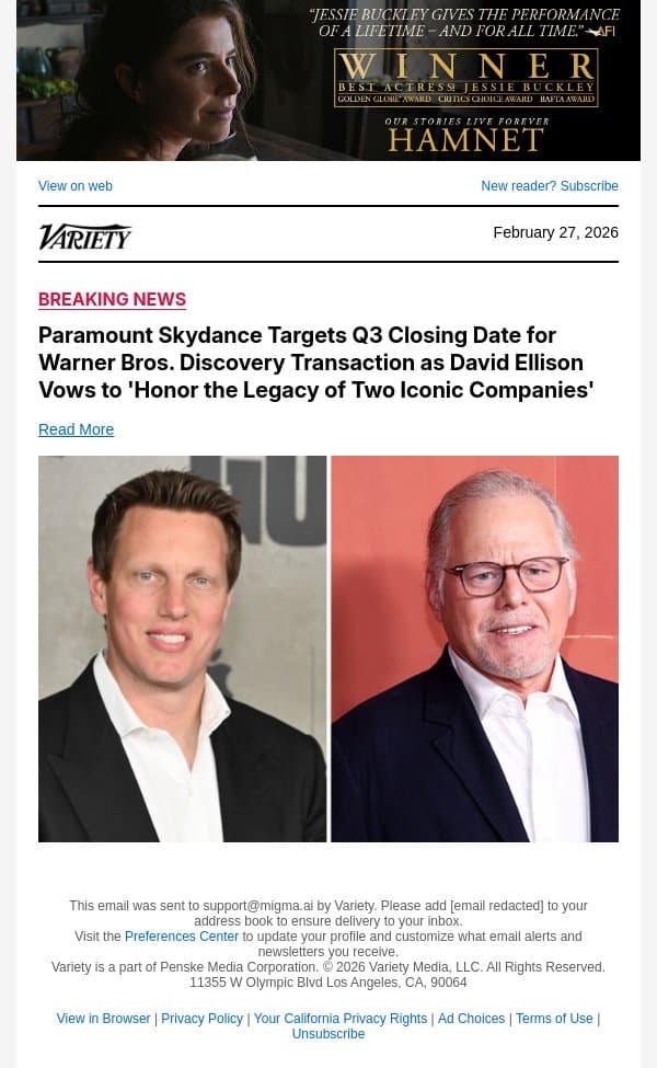 Paramount Skydance Targets Q3 Closing Date for Warner Bros. Discovery Transaction as David Ellison Vows to 'Honor the Legacy of Two Iconic Companies' email from Variety screenshot
