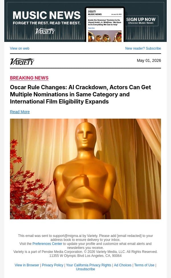 Oscar Rule Changes: AI Crackdown, Actors Can Get Multiple Nominations in Same Category and International Film Eligibility Expands email from Variety screenshot