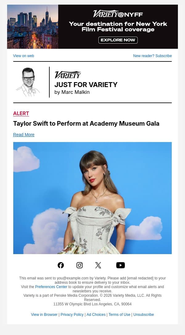Taylor Swift to Perform at Academy Museum Gala email from Variety screenshot
