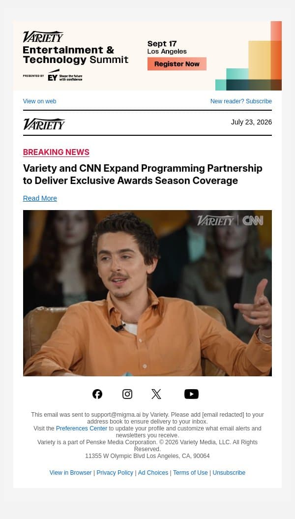 Variety and CNN Expand Programming Partnership to Deliver Exclusive Awards Season Coverage email from Variety screenshot