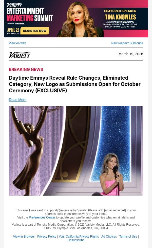 Daytime Emmys Reveal Rule Changes, Eliminated Category, New Logo as Submissions Open for October Ceremony (EXCLUSIVE) email from Variety screenshot