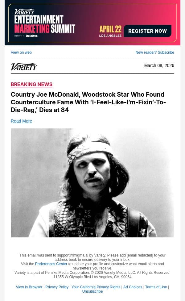 Country Joe McDonald, Woodstock Star Who Found Counterculture Fame With 'I-Feel-Like-I’m-Fixin’-To-Die-Rag,' Dies at 84 email from Variety screenshot