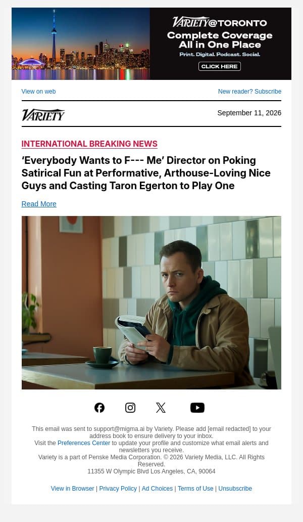 ‘Everybody Wants to F--- Me’ Director on Poking Satirical Fun at Performative, Arthouse-Loving Nice Guys and Casting Taron Egerton to Play One email from Variety screenshot