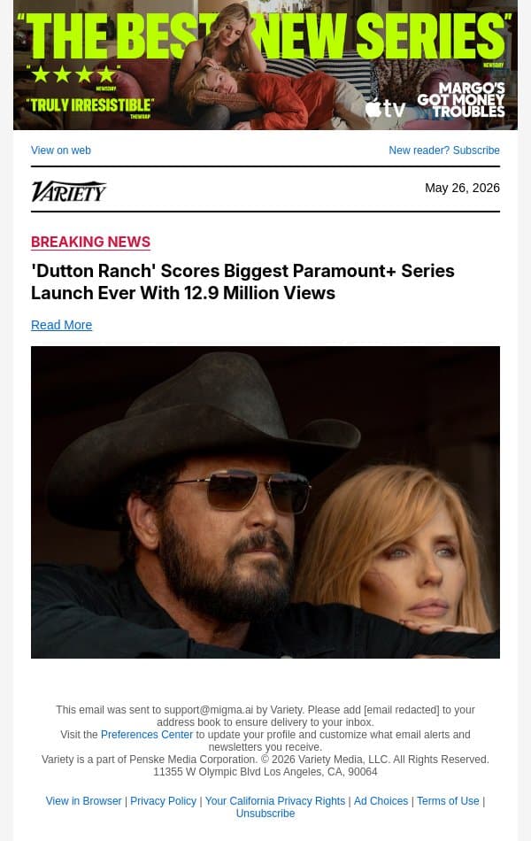 'Dutton Ranch' Scores Biggest Paramount+ Series Launch Ever With 12.9 Million Views email from Variety screenshot