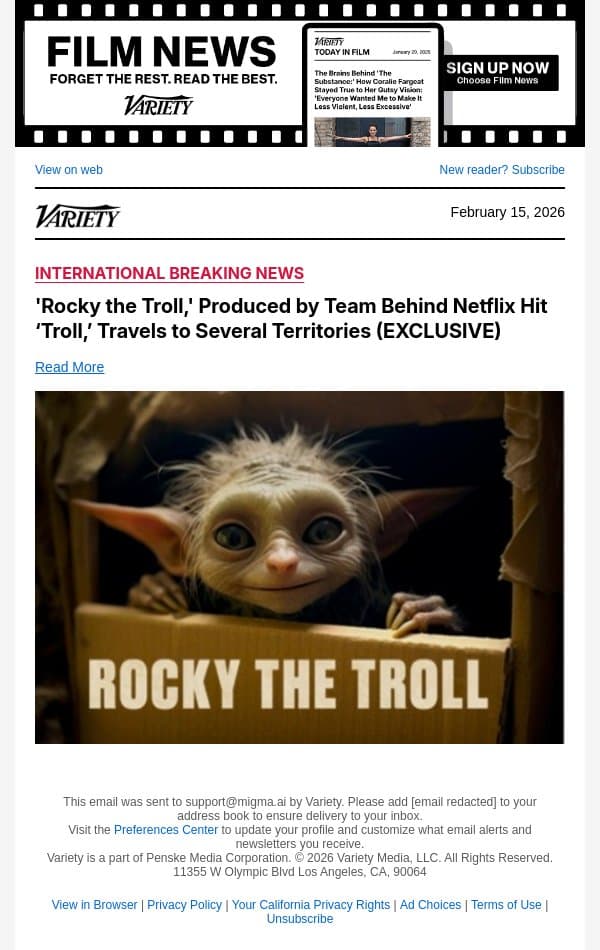 'Rocky the Troll,' Produced by Team Behind Netflix Hit ‘Troll,’ Travels to Several Territories (EXCLUSIVE) email from Variety screenshot