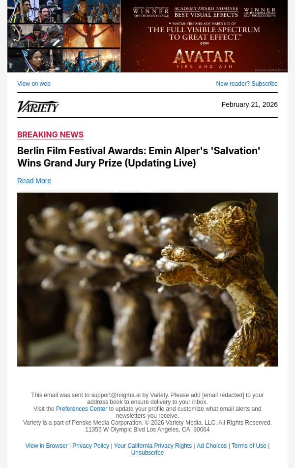 Berlin Film Festival Awards: Emin Alper's 'Salvation' Wins Grand Jury Prize (Updating Live) email from Variety screenshot