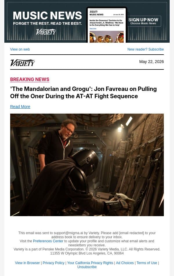 'The Mandalorian and Grogu': Jon Favreau on Pulling Off the Oner During the AT-AT Fight Sequence email from Variety screenshot