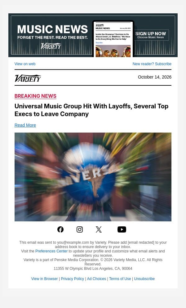 Universal Music Group Hit With Layoffs, Several Top Execs to Leave Company email from Variety screenshot