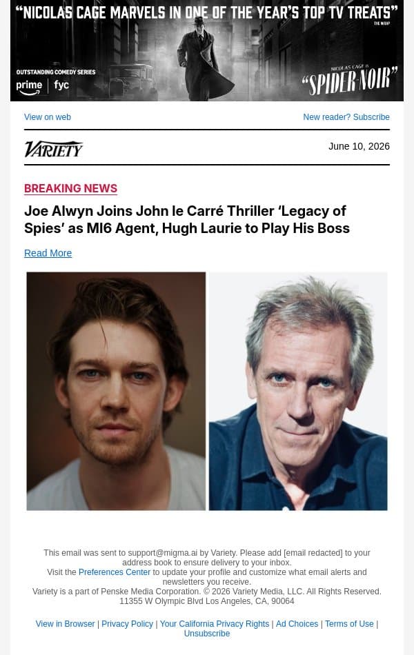 Joe Alwyn Joins John le Carré Thriller ‘Legacy of Spies’ as MI6 Agent, Hugh Laurie to Play His Boss email from Variety screenshot