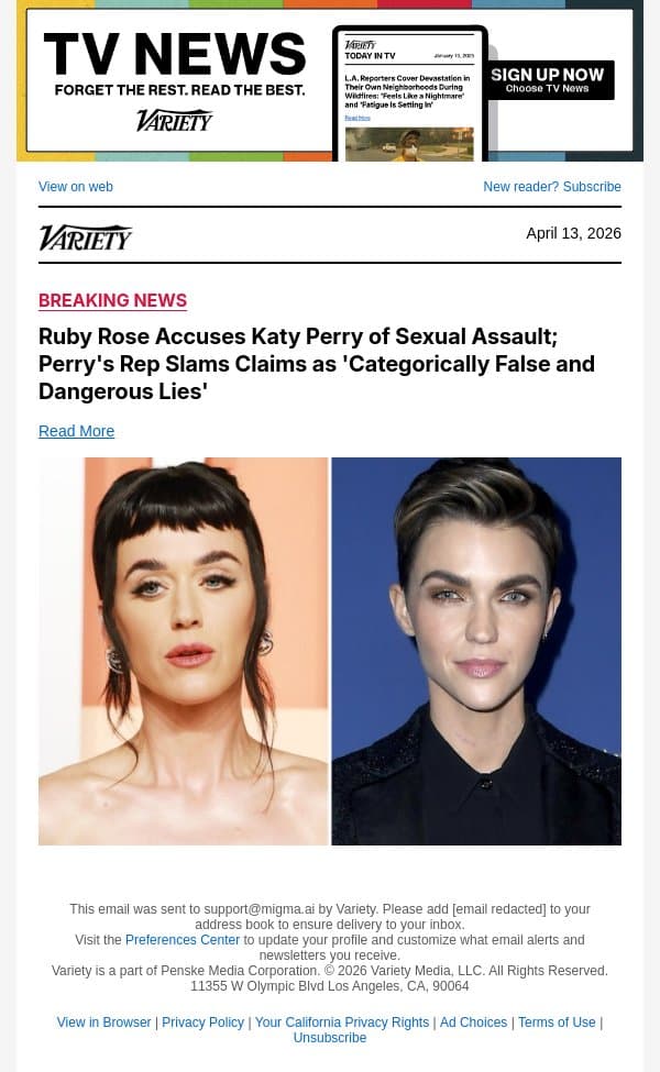 Ruby Rose Accuses Katy Perry of Sexual Assault; Perry's Rep Slams Claims as 'Categorically False and Dangerous Lies' email from Variety screenshot