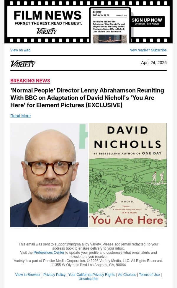 'Normal People' Director Lenny Abrahamson Reuniting With BBC on Adaptation of David Nicholl's 'You Are Here' for Element Pictures (EXCLUSIVE) email from Variety screenshot