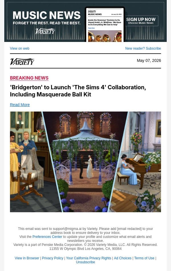 'Bridgerton' to Launch 'The Sims 4' Collaboration, Including Masquerade Ball Kit email from Variety screenshot