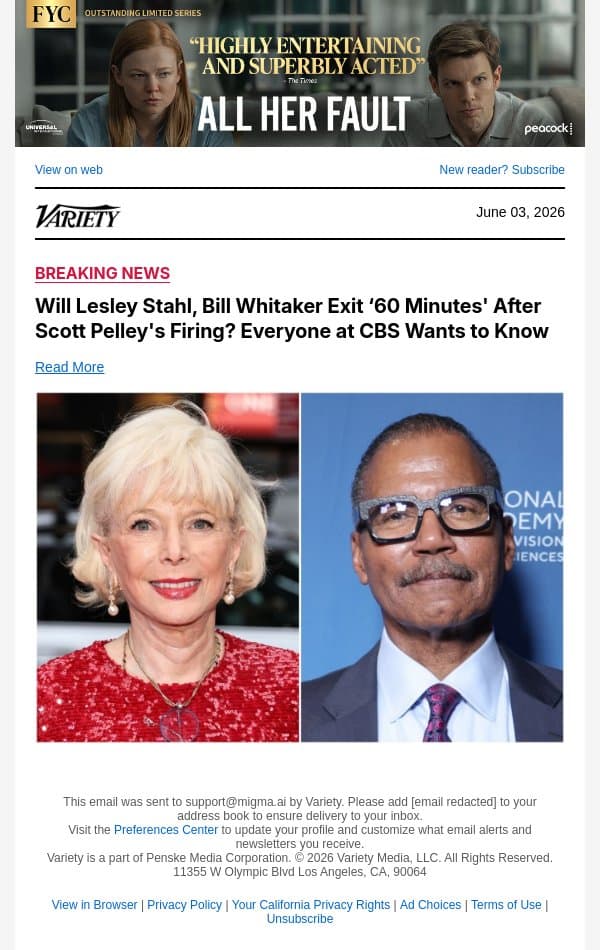 Will Lesley Stahl, Bill Whitaker Exit ‘60 Minutes' After Scott Pelley's Firing? Everyone at CBS Wants to Know email from Variety screenshot
