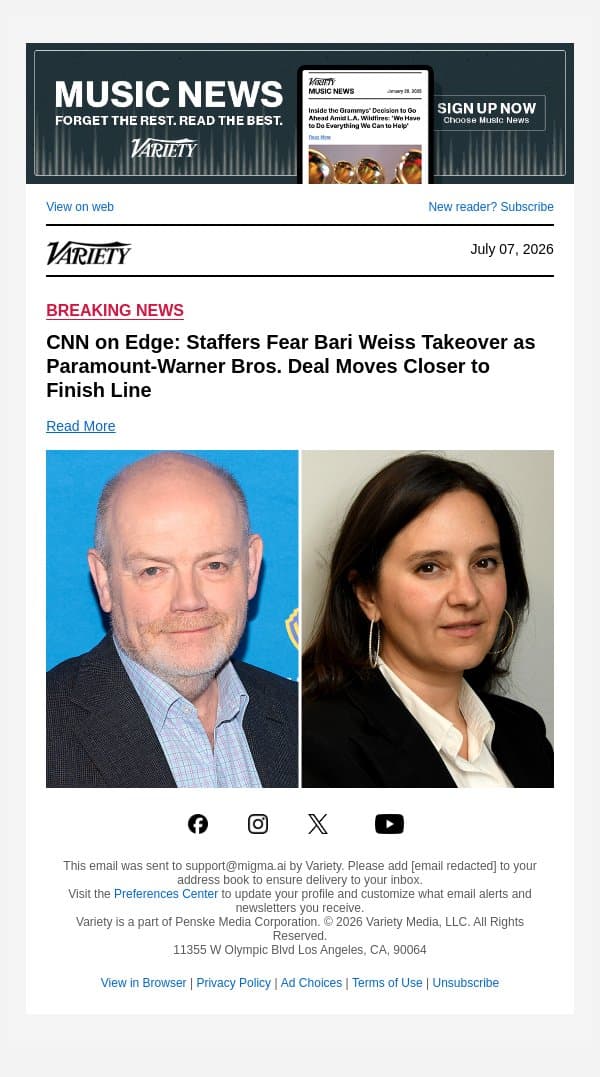 CNN on Edge: Staffers Fear Bari Weiss Takeover as Paramount-Warner Bros. Deal Moves Closer to Finish Line email from Variety screenshot