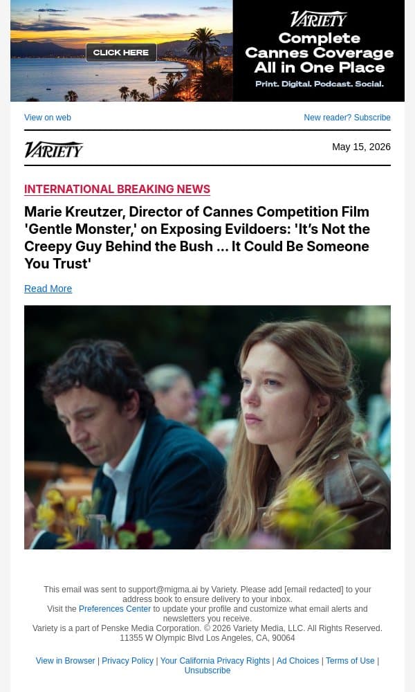 Marie Kreutzer, Director of Cannes Competition Film 'Gentle Monster,' on Exposing Evildoers: 'It’s Not the Creepy Guy Behind the Bush ... It Could Be Someone You Trust' email from Variety screenshot