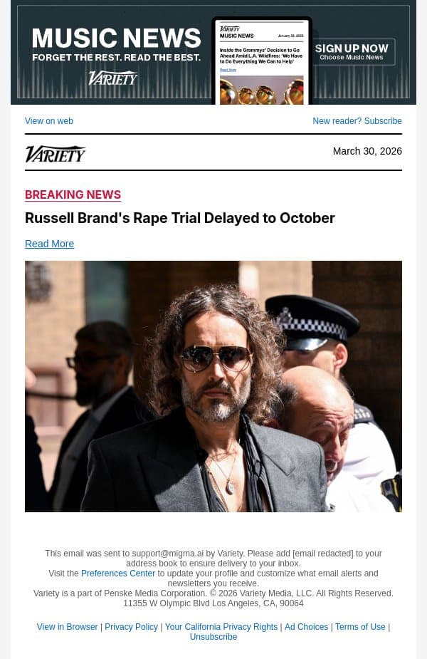 Russell Brand's Rape Trial Delayed to October email from Variety screenshot