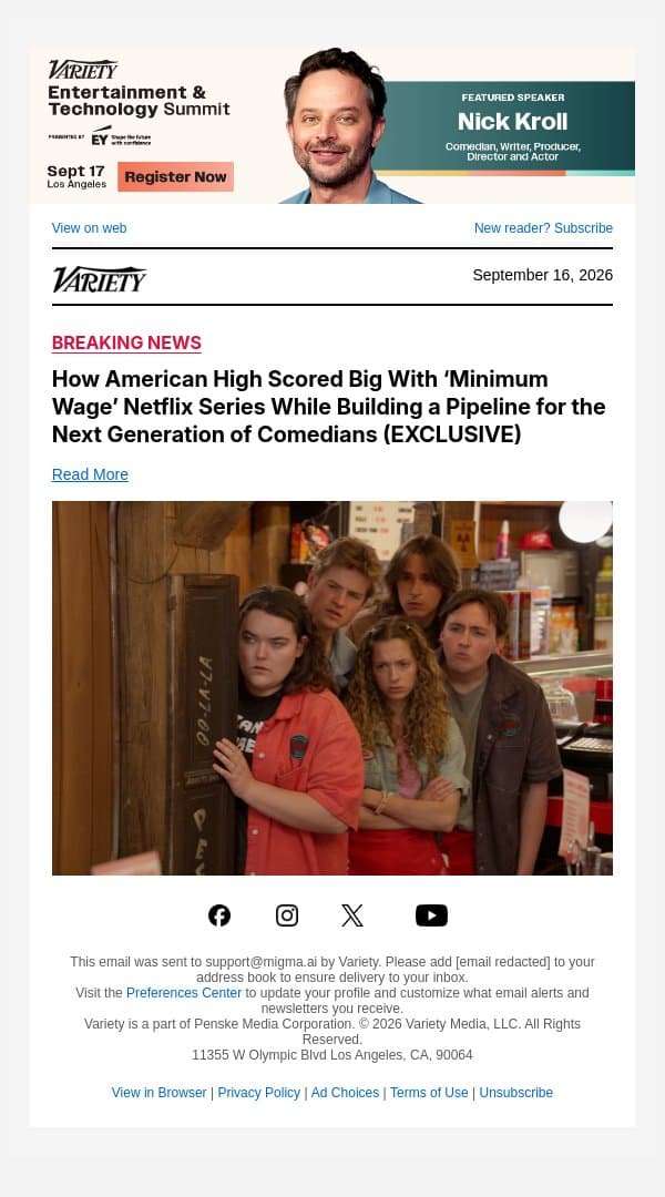 How American High Scored Big With ‘Minimum Wage’ Netflix Series While Building a Pipeline for the Next Generation of Comedians (EXCLUSIVE) email from Variety screenshot