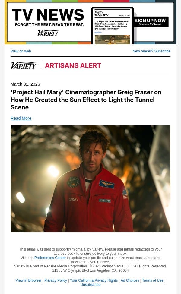 'Project Hail Mary' Cinematographer Greig Fraser on How He Created the Sun Effect to Light the Tunnel Scene email from Variety screenshot
