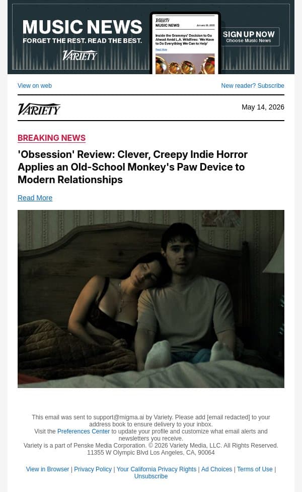 'Obsession' Review: Clever, Creepy Indie Horror Applies an Old-School Monkey's Paw Device to Modern Relationships email from Variety screenshot