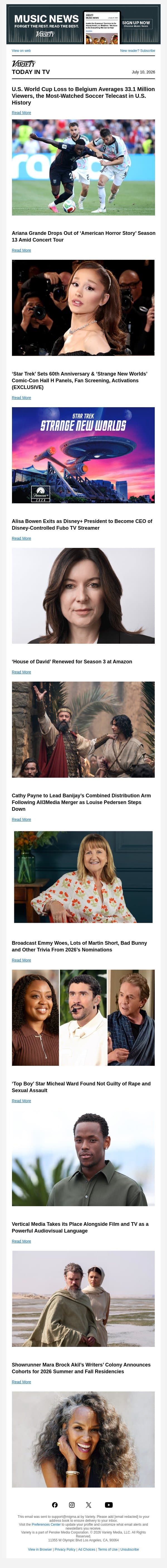Most-Watched Soccer Telecast; Ariana Grande Drops Out of 'AHS'; 'Star Trek' Comic-Con Plans email from Variety screenshot