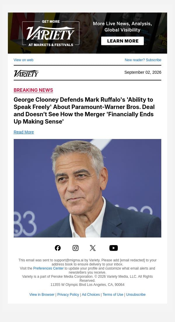 George Clooney Defends Mark Ruffalo's 'Ability to Speak Freely' About Paramount-Warner Bros. Deal and Doesn’t See How the Merger 'Financially Ends Up Making Sense' email from Variety screenshot