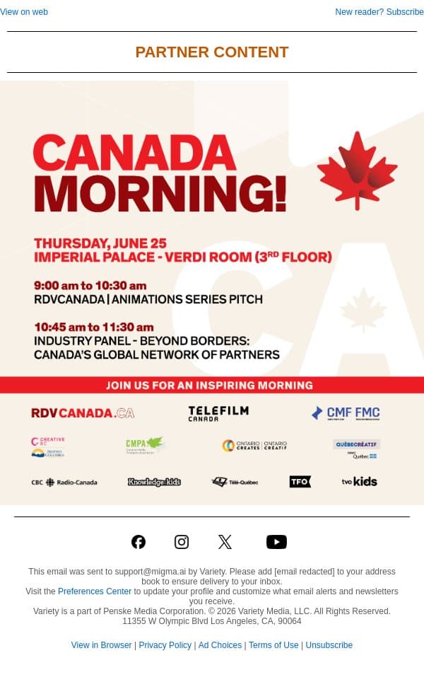 MIFA 2026: An Inspiring Canada Morning Awaits – Join Us June 25 🍁 email from Variety screenshot