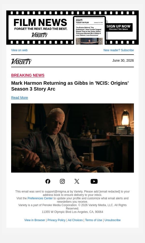 Mark Harmon Returning as Gibbs in 'NCIS: Origins' Season 3 Story Arc email from Variety screenshot