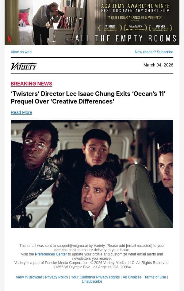 ‘Twisters’ Director Lee Isaac Chung Exits ‘Ocean’s 11’ Prequel Over 'Creative Differences' email from Variety screenshot
