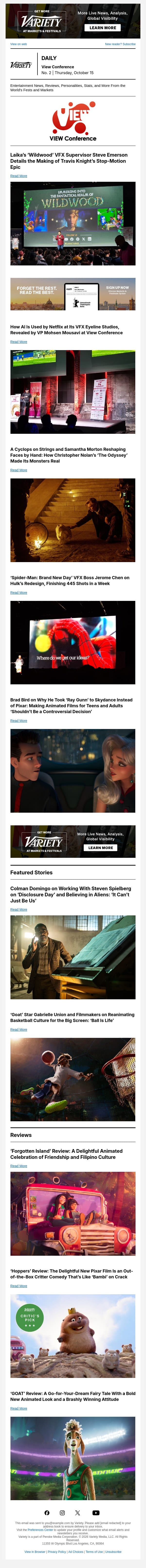 ‘Wildwood’s’ VFX; How AI is Used by Netflix; Making ‘Odyssey’s' Monsters Real email from Variety screenshot