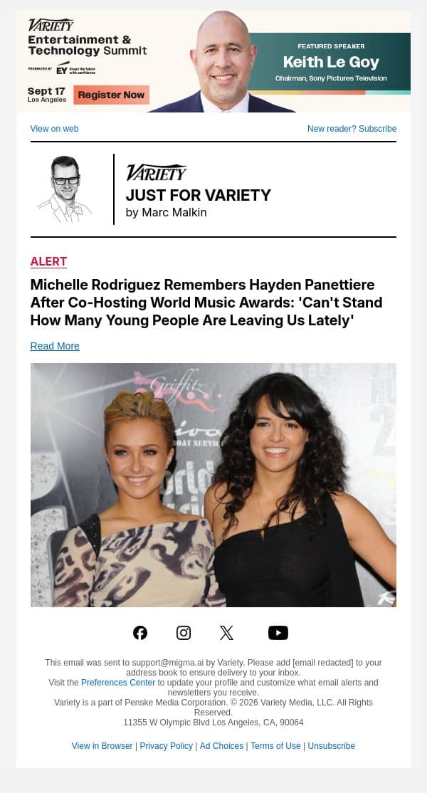 Michelle Rodriguez Remembers Hayden Panettiere After Co-Hosting World Music Awards: 'Can't Stand How Many Young People Are Leaving Us Lately' email from Variety screenshot