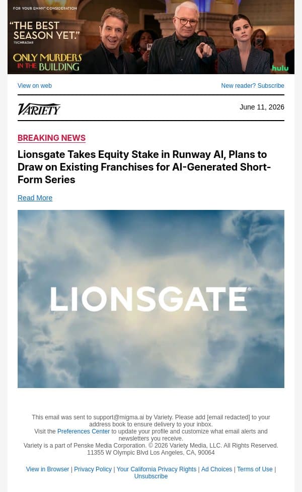 Lionsgate Takes Equity Stake in Runway AI, Plans to Draw on Existing Franchises for AI-Generated Short-Form Series email from Variety screenshot