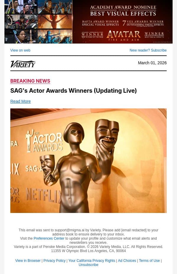 'Sinners' Wins Actor Award for Cast Ensemble email from Variety screenshot