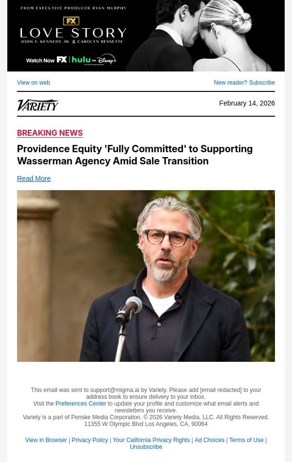 Providence Equity 'Fully Committed' to Supporting Wasserman Agency Amid Sale Transition email from Variety screenshot