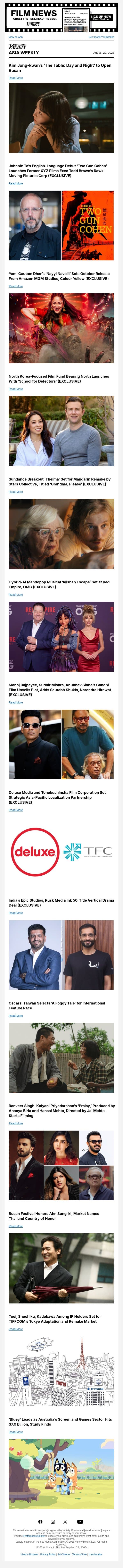Busan Opening Film; Johnnie To's English-Language Debut; Yami Gautam Dhar's 'Nayyi Navelli' email from Variety screenshot