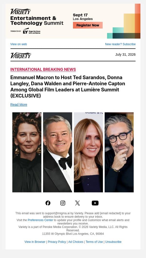 Emmanuel Macron to Host Ted Sarandos, Donna Langley, Dana Walden and Pierre-Antoine Capton Among Global Film Leaders at Lumière Summit (EXCLUSIVE) email from Variety screenshot
