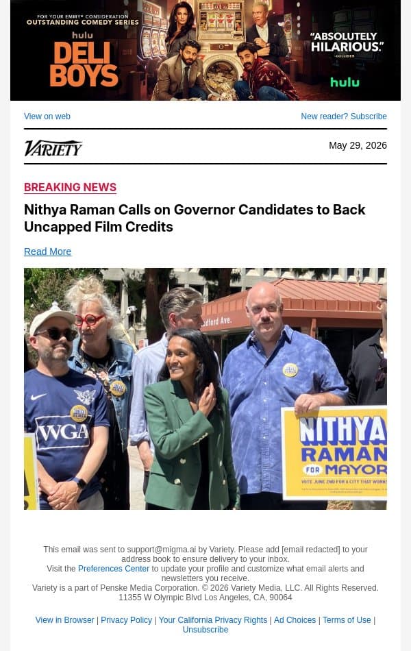 Nithya Raman Calls on Governor Candidates to Back Uncapped Film Credits email from Variety screenshot