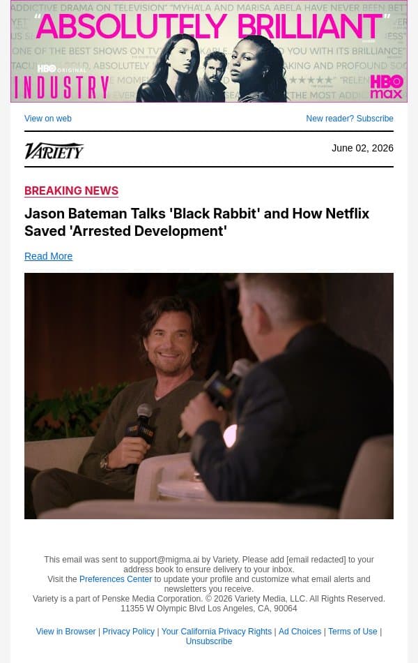 Jason Bateman Talks 'Black Rabbit' and How Netflix Saved 'Arrested Development' email from Variety screenshot