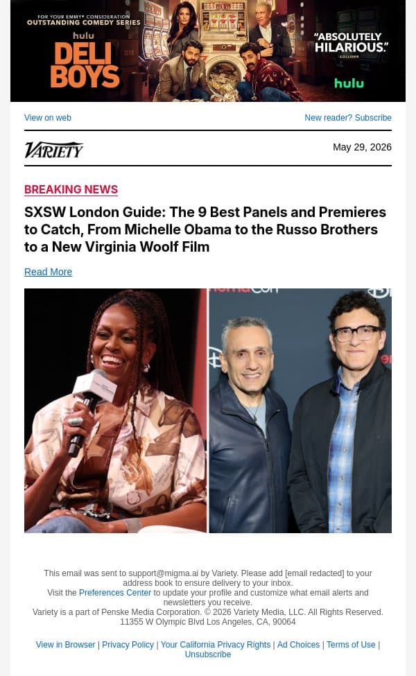 SXSW London Guide: The 9 Best Panels and Premieres to Catch, From Michelle Obama to the Russo Brothers to a New Virginia Woolf Film email from Variety screenshot
