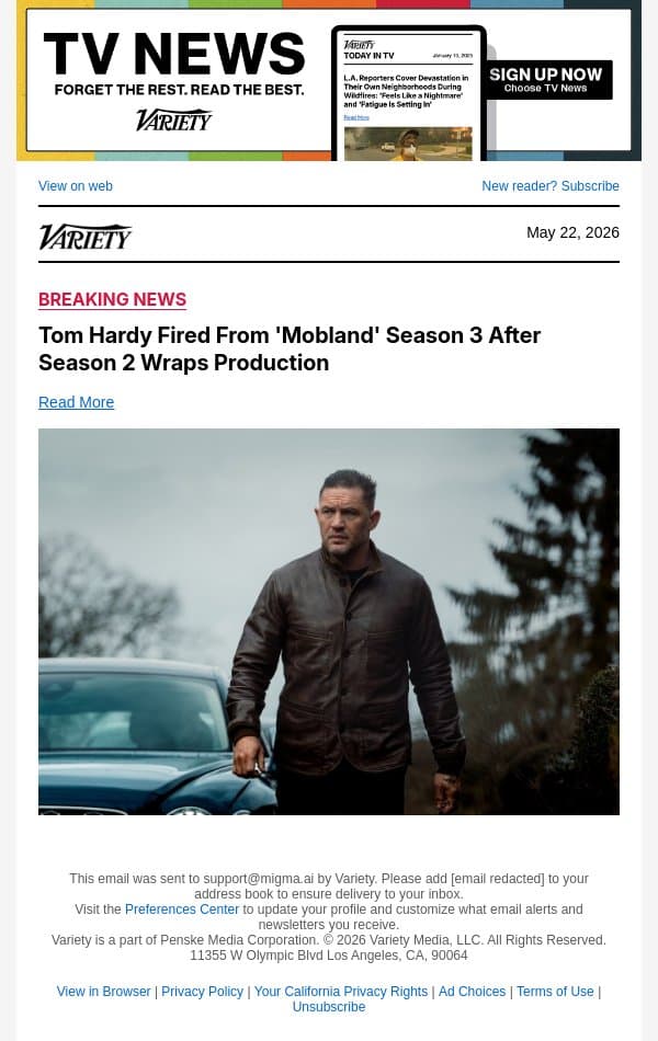 Tom Hardy Fired From 'Mobland' Season 3 After Season 2 Wraps Production email from Variety screenshot