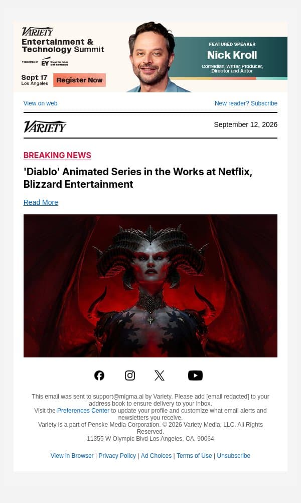 'Diablo' Animated Series in the Works at Netflix, Blizzard Entertainment email from Variety screenshot