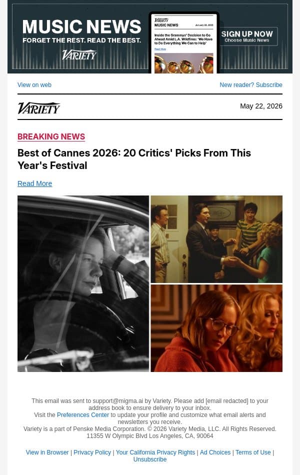 Best of Cannes 2026: 20 Critics' Picks From This Year's Festival email from Variety screenshot
