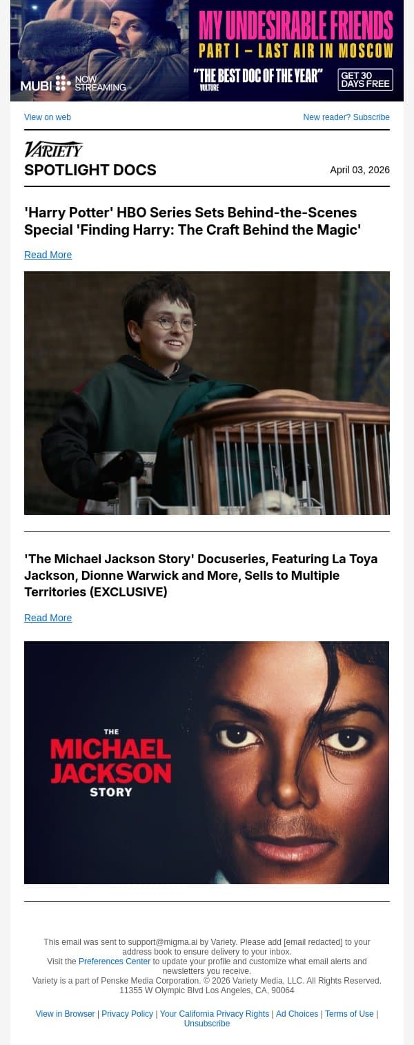 'Harry Potter' HBO Series Sets Behind-the-Scenes Special 'Finding Harry: The Craft Behind the Magic' email from Variety screenshot