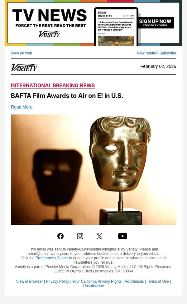 BAFTA Film Awards to Air on E! in U.S. email from Variety screenshot