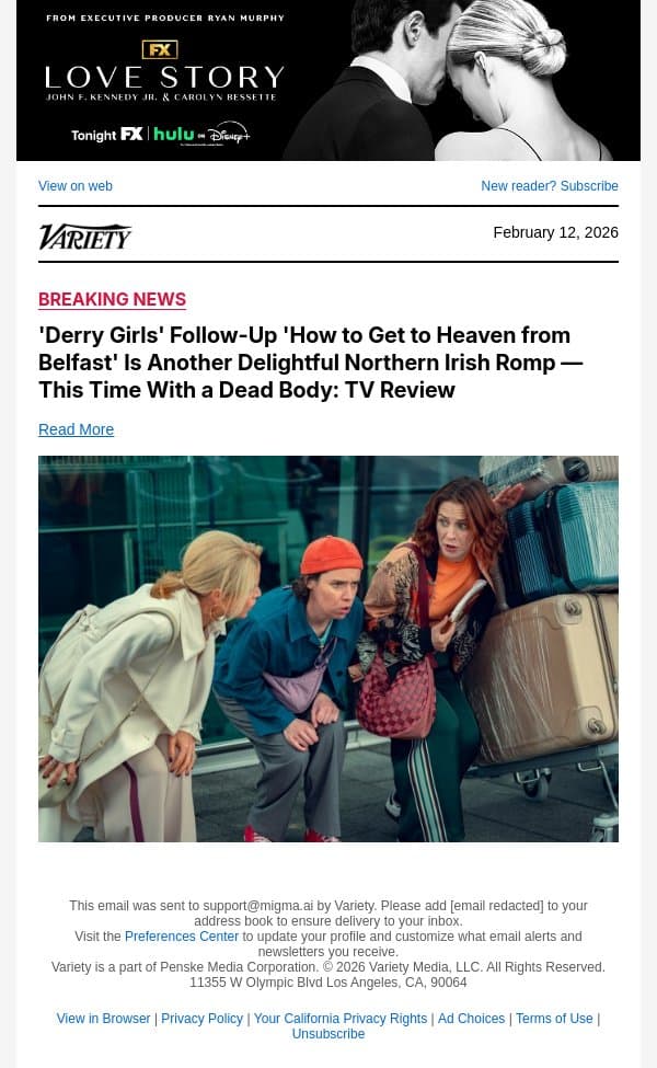 'Derry Girls' Follow-Up 'How to Get to Heaven from Belfast' Is Another Delightful Northern Irish Romp — This Time With a Dead Body: TV Review email from Variety screenshot