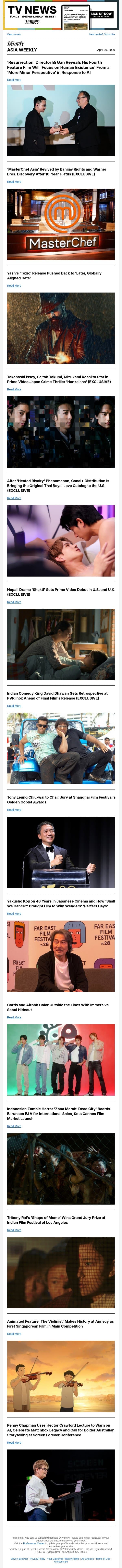 Bi Gan's New Film; 'MasterChef Asia' Revived; Yash's 'Toxic' Postponed email from Variety screenshot