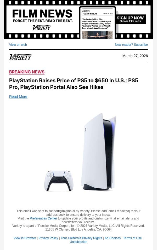 PlayStation Raises Price of PS5 to $650 in U.S.; PS5 Pro, PlayStation Portal Also See Hikes email from Variety screenshot